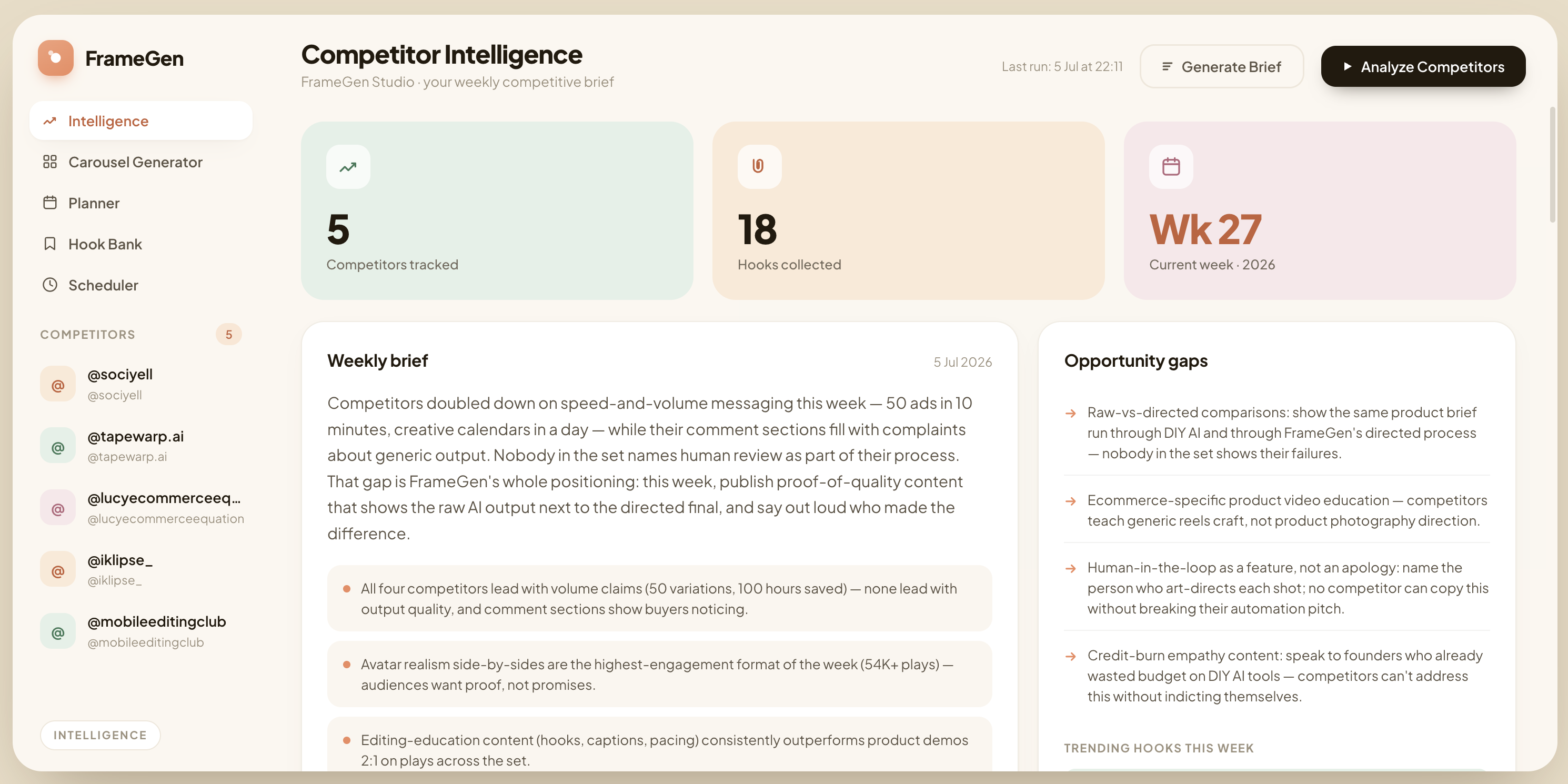 FrameGen dashboard — Competitor Intelligence